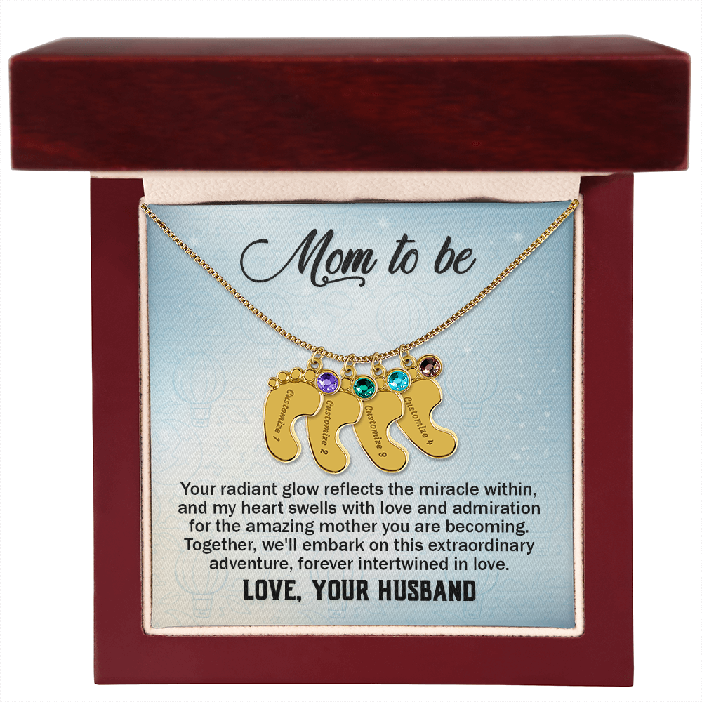 Mom To Be From Husband - Baby Feet Necklace with Birthstone - Engraved