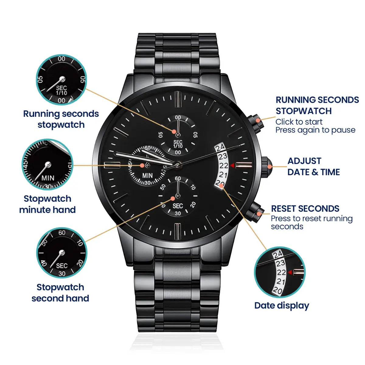 A black metal chronograph watch for men illustrating the stopwatch, date and reset features.