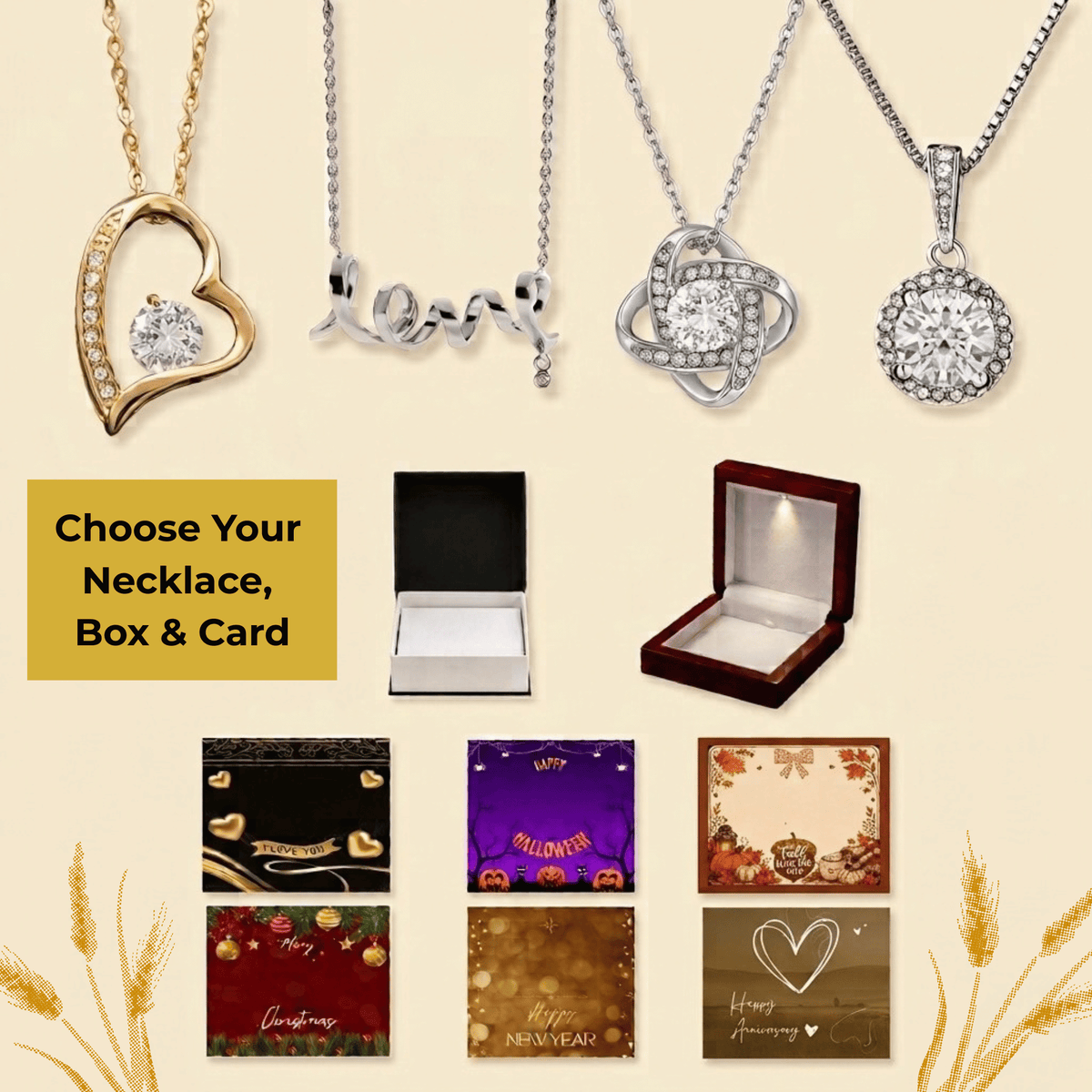 Customizable jewelry gift set options display featuring four necklace styles arranged at the top. The middle row displays two jewelry boxes