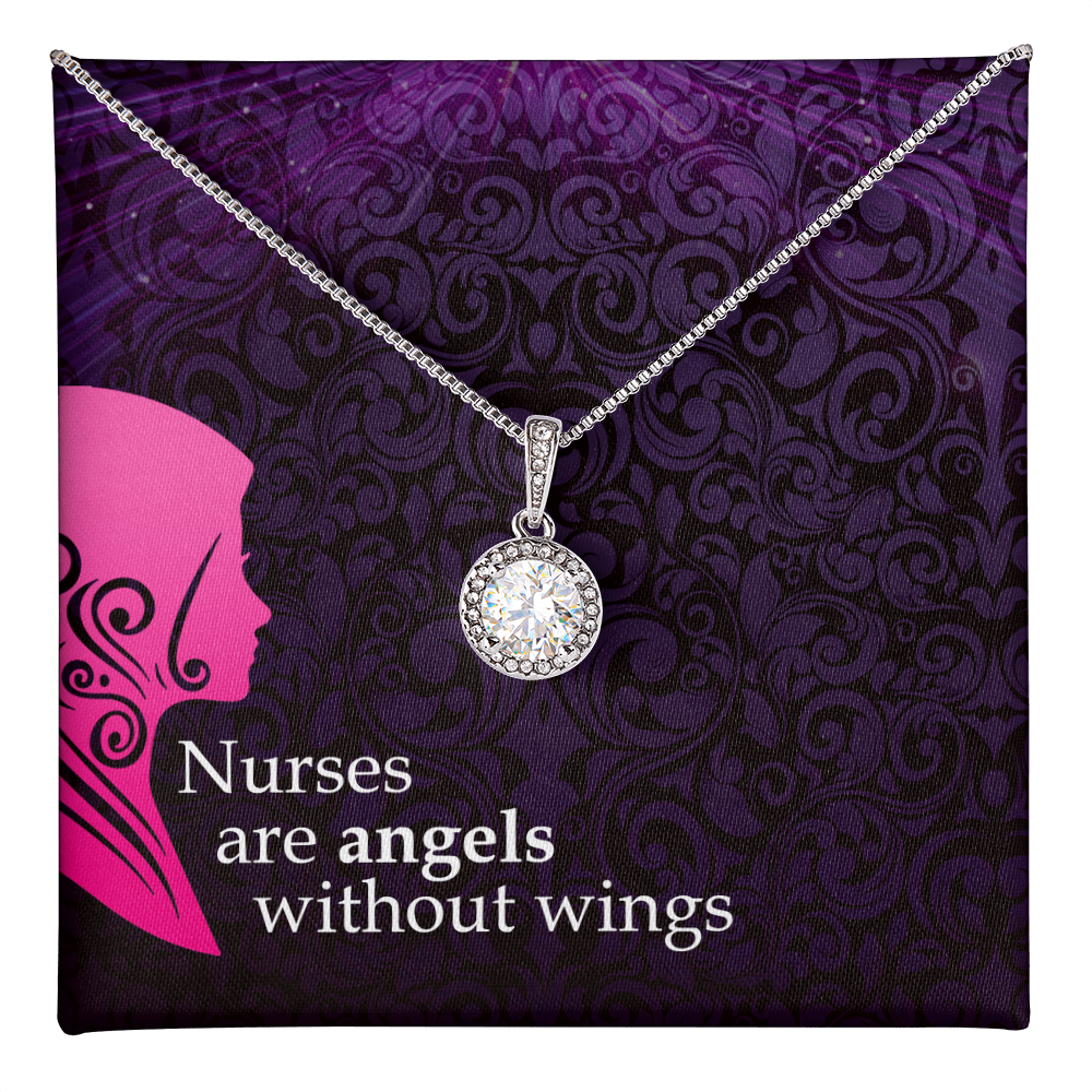 A silver necklace with a round, halo-set pendant. The necklace rests against a decorative purple card with a damask pattern, a pink nurse silhouette, and the white text, "Nurses are angels without wings."