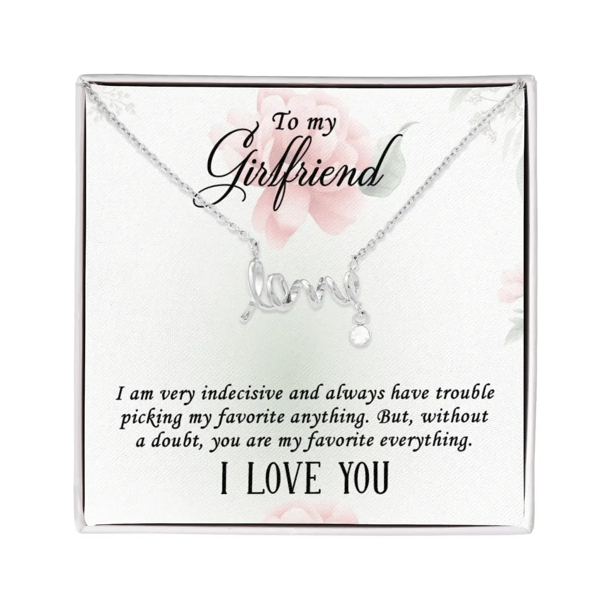 a pink, green, and gray necklace jewelry card with a silver script love text necklace with a dangling cubic zirconia and love message from boyfriend.