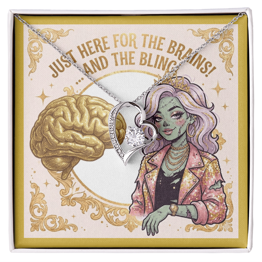 14k white gold over stainless steel heart pendant necklace with shimmering cubic zirconia stones, presented on a contrast-rich gold-themed zombie girl fashionista jewelry insert card.