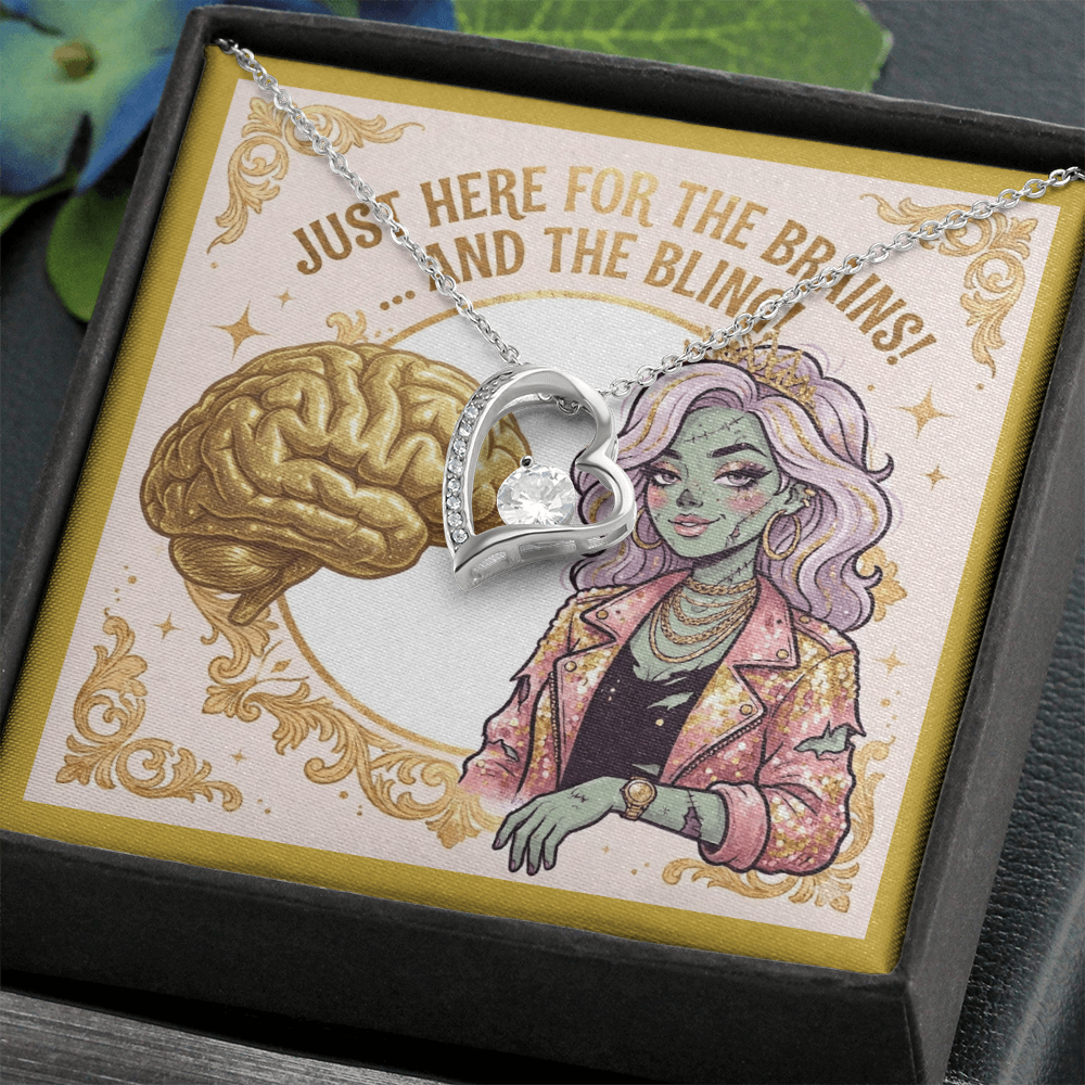 14k white gold over stainless steel heart pendant necklace with cubic zirconia, displayed on a gold zombie girl fashionista jewelry card inside a black and white soft-touch complimentary gift box.