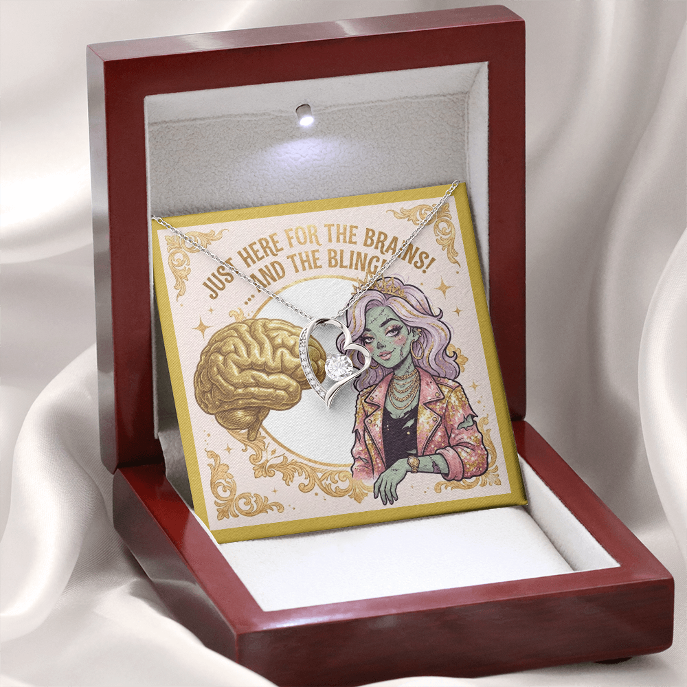 14k white gold over stainless steel heart necklace with cubic zirconia gems, displayed on a gold zombie girl fashionista jewelry card inside a luxury gift box with a built-in LED spotlight illuminating the pendant.
