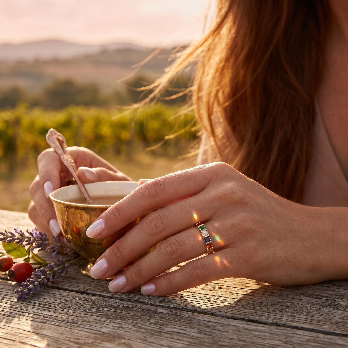 A close-up lifestyle shot of a woman's hands holding a small gold cup in a sunlit outdoor setting, wearing a slim gold band ring with a central dark rectangular stone on her finger.