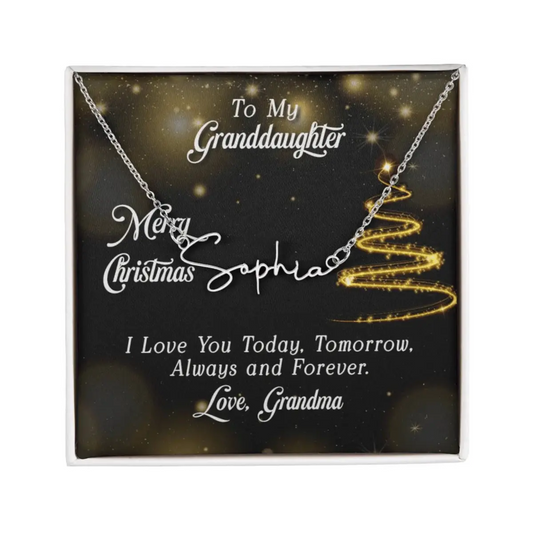 To Granddaughter Christmas Signature Name Necklace - 18K Gold Steel