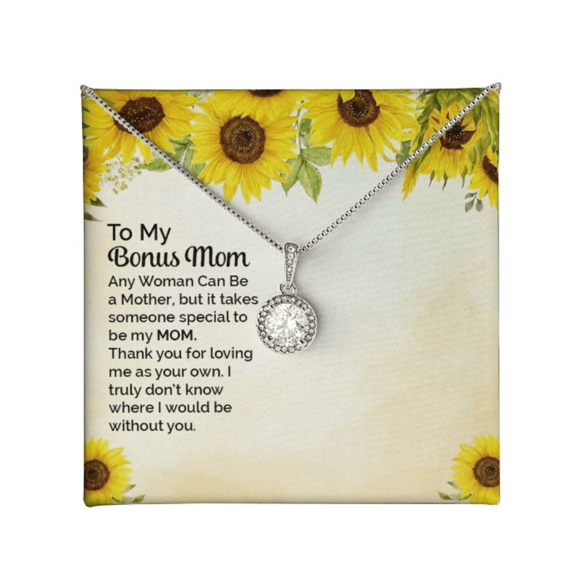 A silver necklace with a round bezel-set clear stone pendant is displayed on a printed gift card. The card has a sunflower border design and a sentimental message addressed to 'My Bonus Mom.