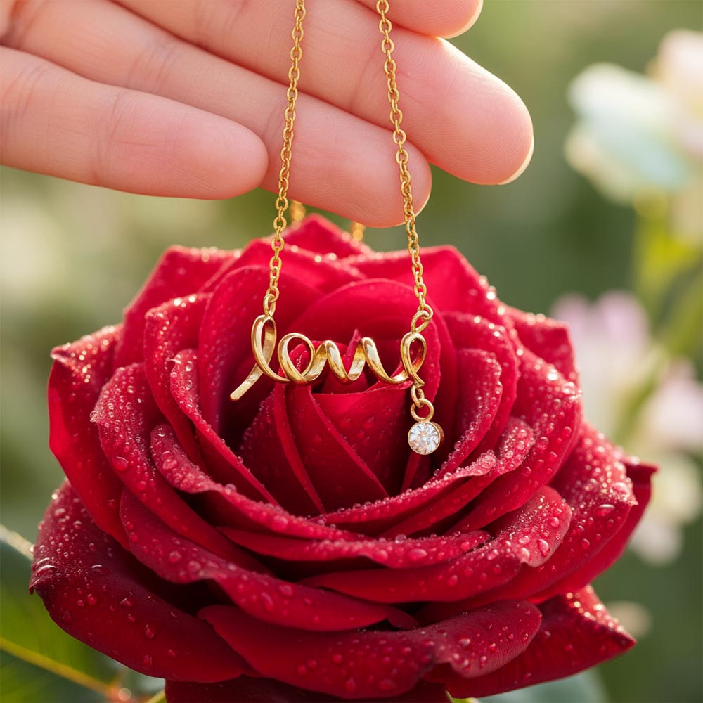 Gold necklace with 'LOVE' pendant on a red rose