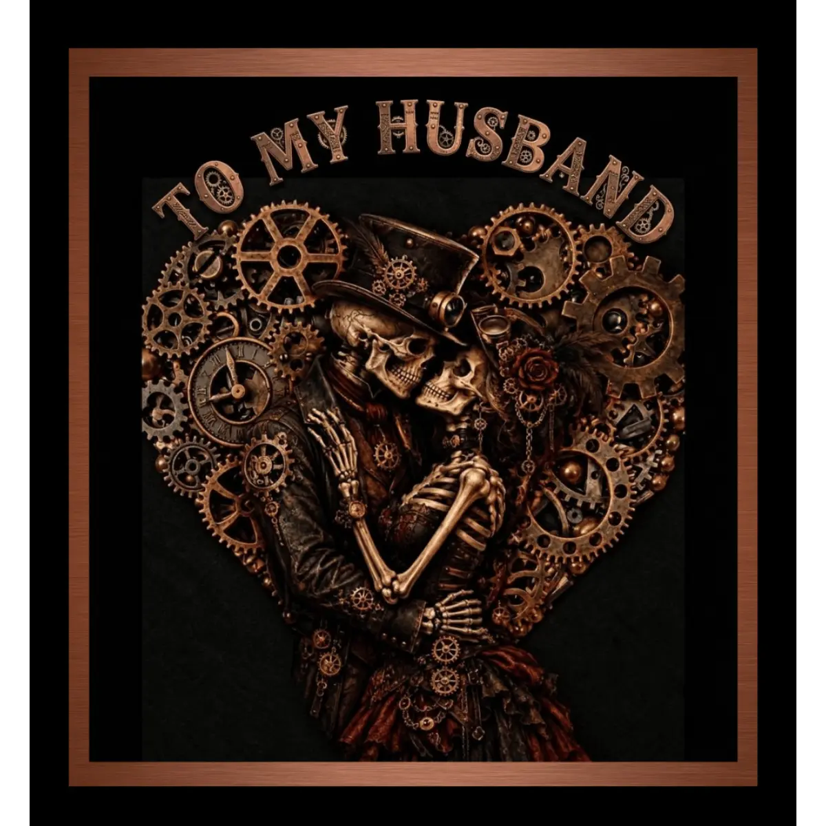 Steampunk-style wall art featuring two embracing skeleton figures surrounded by gears and cogs, with the text 'TO MY HUSBAND' above them, shown within a dark frame and mat.