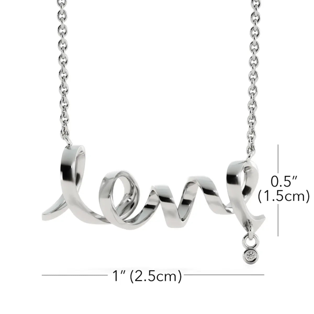 Silver script pendant necklace spelling 'LOVE' on a white background, with measurement labels showing 1 inch (2.5 cm) width and 0.