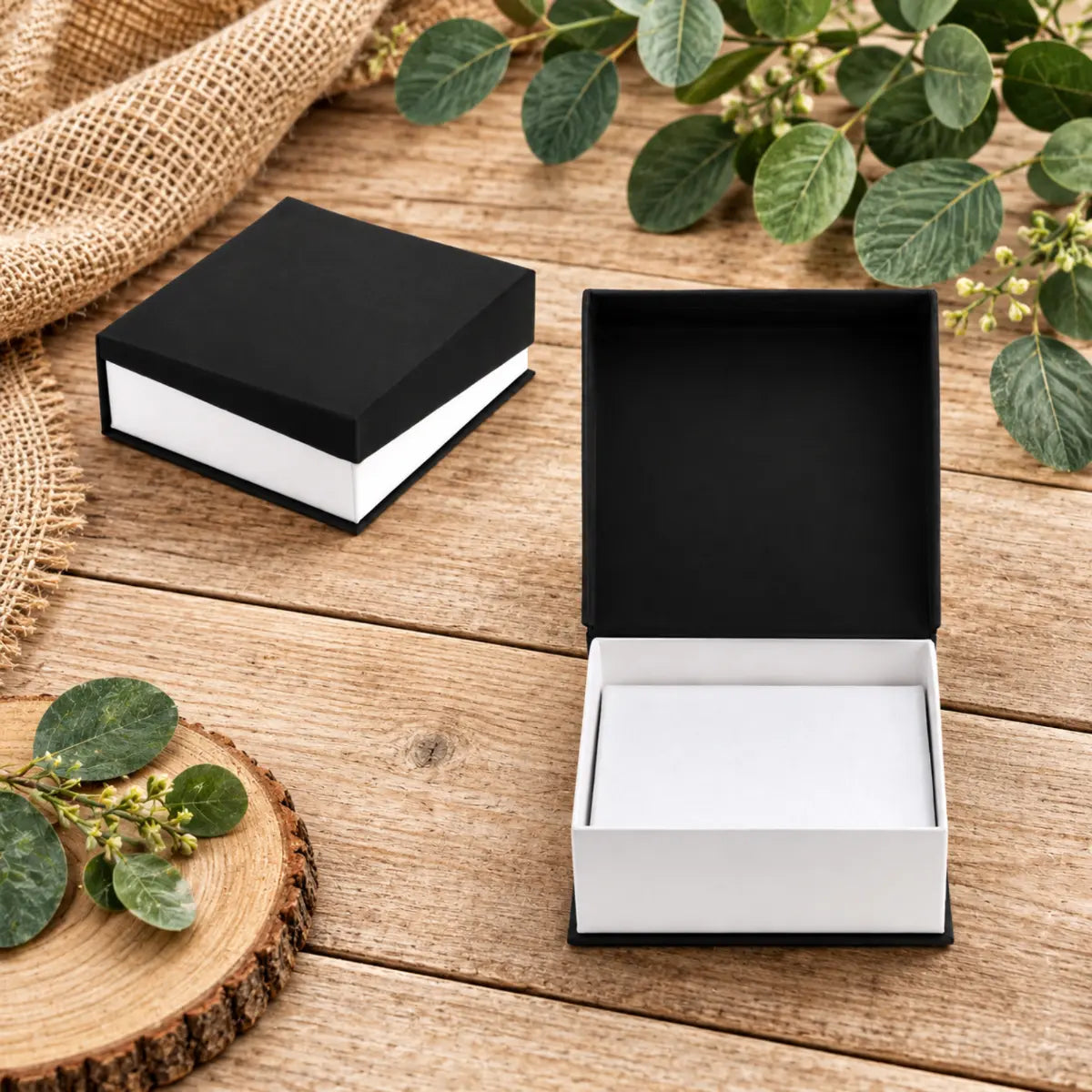 Two black presentation boxes on a rustic wooden surface, one closed and one open to show the interior, styled with burlap, eucalyptus leaves, and a wood slice.