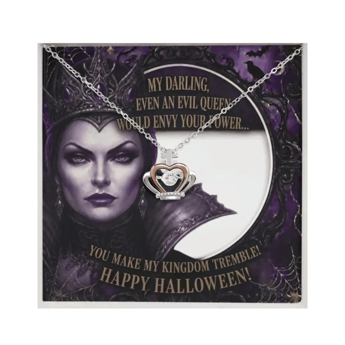 A silver and rose gold crown pendant necklace with cubic zirconia, displayed on a gothic-themed card featuring the character Maleficent and Halloween text.