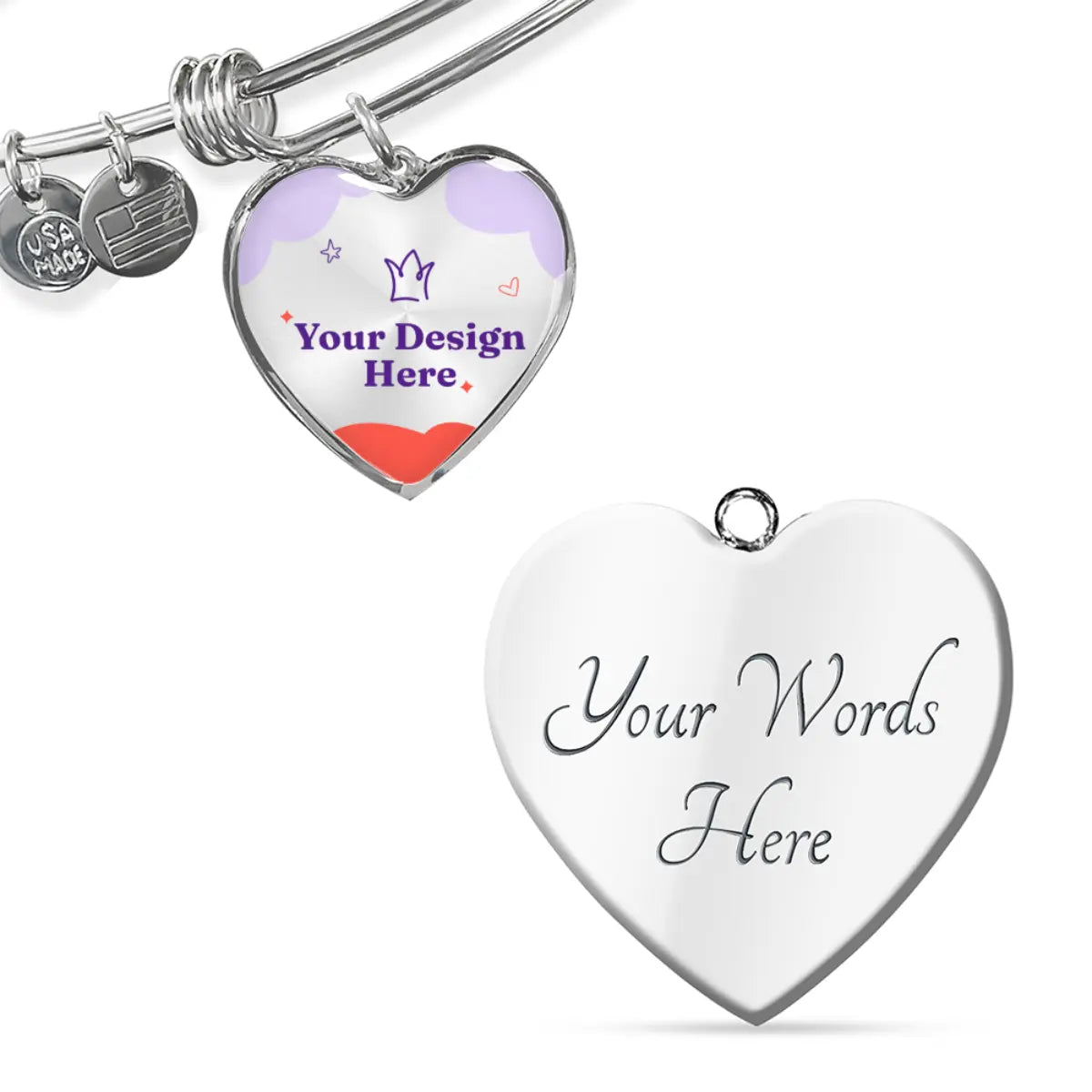 Silver heart-shaped charm jewelry shown on a white background, including a bangle bracelet with a customizable heart charm and a separate engraved heart pendant with placeholder text.