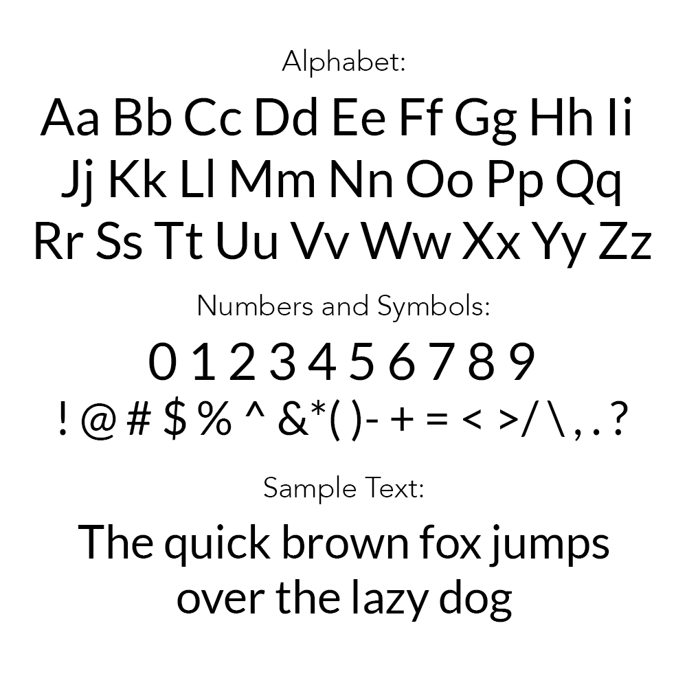 A clean font style chart displayed on a white background, featuring the standard sans-serif typeface options for custom text engraving. The image shows the full alphabet from Aa to Zz, numbers 0 through 9, common keyboard symbols, and a pangram sample sentence reading 'The quick brown fox jumps over the lazy dog'.