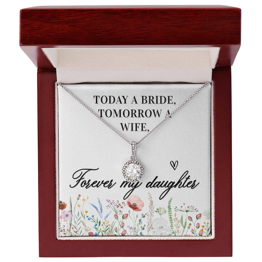 A bridal shower gift card featuring a silver necklace with a clear round gemstone pendant. The card has a white background with black text reading 'TODAY A BRIDE, TOMORROW A WIFE, Forever my daughter' and a watercolor floral border at the bottom.