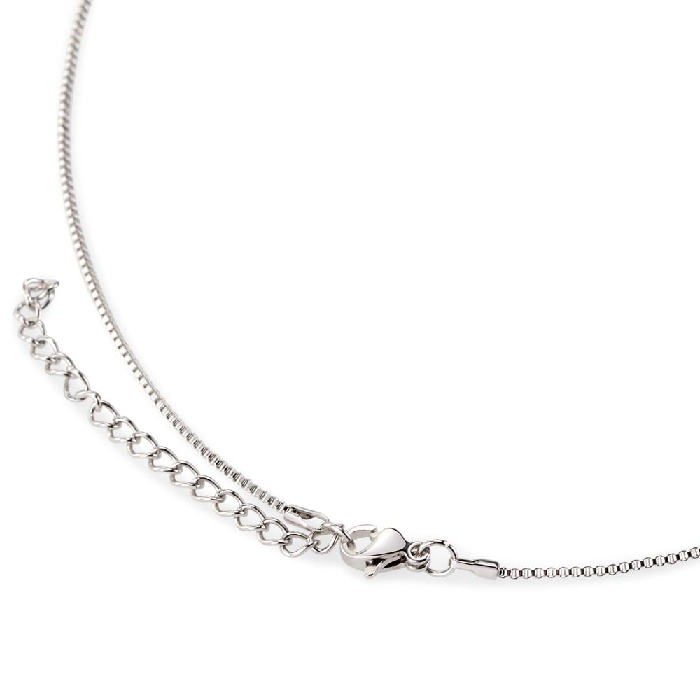 Extreme close-up shot of the back of a  silver horseshoe pendant necklace featuring the lobster clasp.