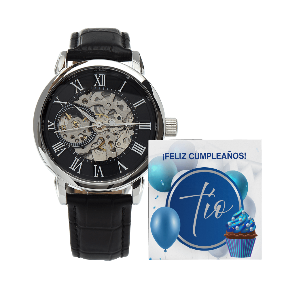 Reloj de pulsera analógico para hombre con correa de cuero negro, esfera negra y mecanismo a la vista, junto a una tarjeta de felicitación azul que dice "¡Feliz Cumpleaños! Tío" adornada con globos y un cupcake.