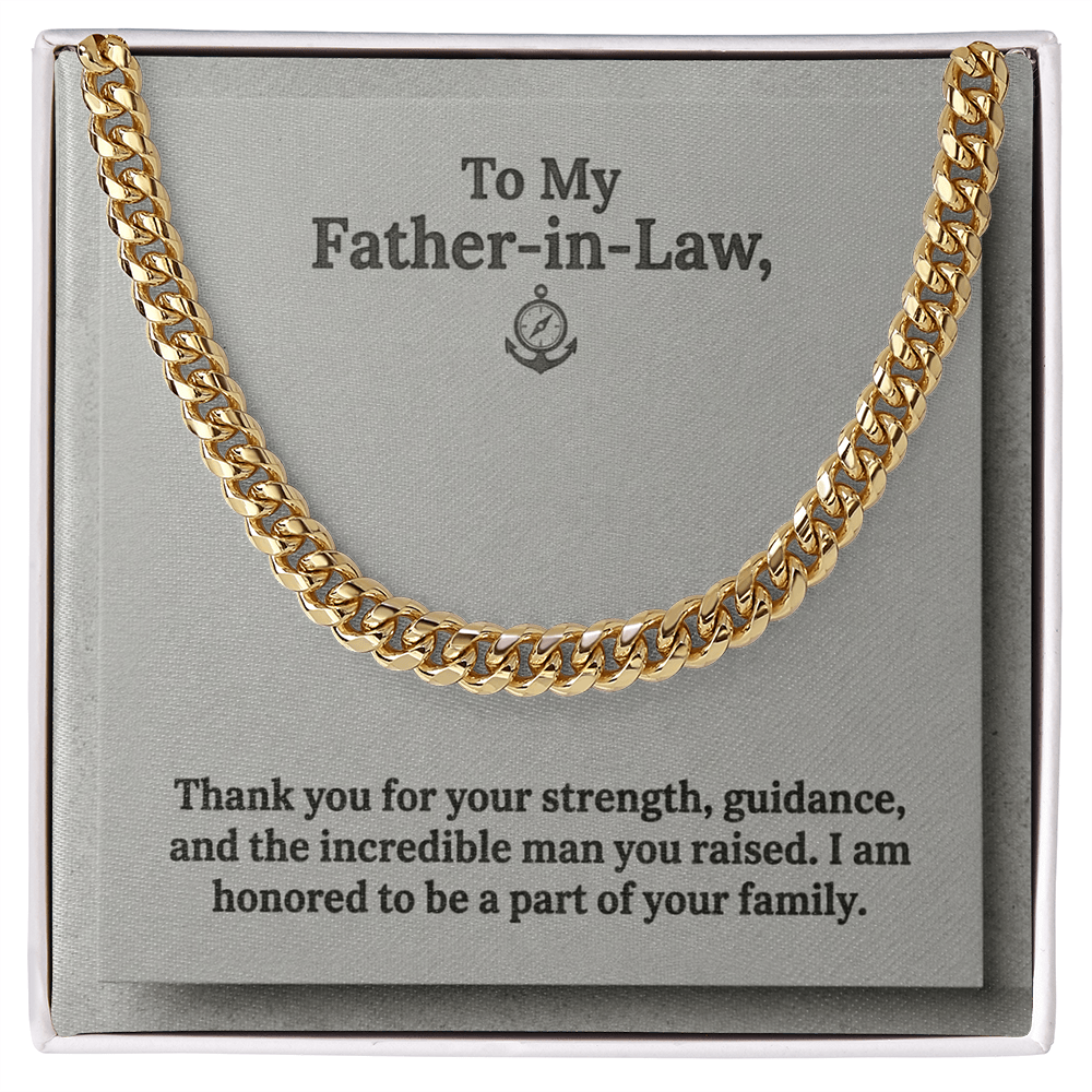 A gold-toned men's Cuban link chain necklace presented inside a square white gift box against a grey jewelry card. The card features an anchor and compass icon at the top center with the printed text: "To My Father-in-Law, Thank you for your strength, guidance, and the incredible man you raised. I am honored to be a part of your family."
