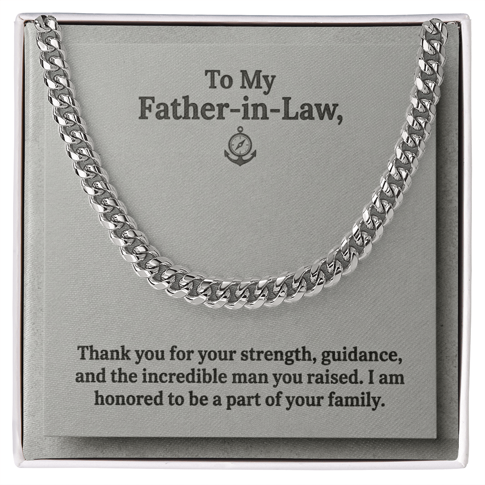 A silver-toned men's Cuban link chain necklace presented inside a square white gift box against a grey jewelry card. The card features an anchor and compass icon at the top center with the printed text: "To My Father-in-Law, Thank you for your strength, guidance, and the incredible man you raised. I am honored to be a part of your family."