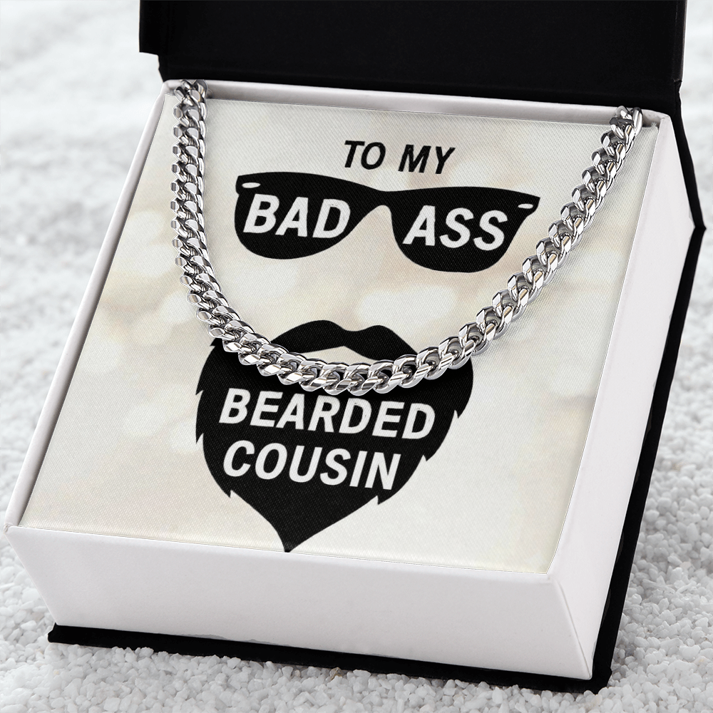 Polished stainless steel men's Cuban link chain necklace presented inside an open luxury gift box on a white custom message card that reads "To My Bad Ass Bearded Cousin" featuring black sunglasses and a full beard graphic design.
