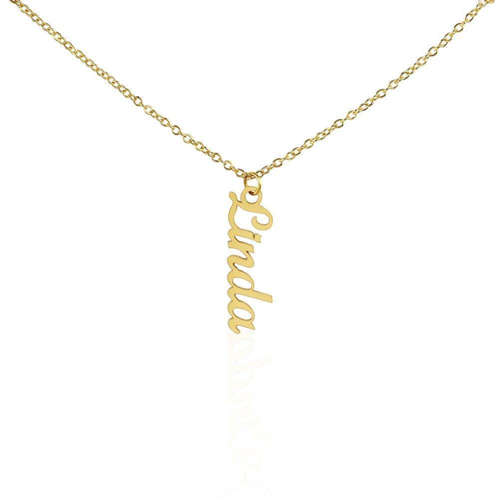 a gold personalized vertical name necklace with a white background.