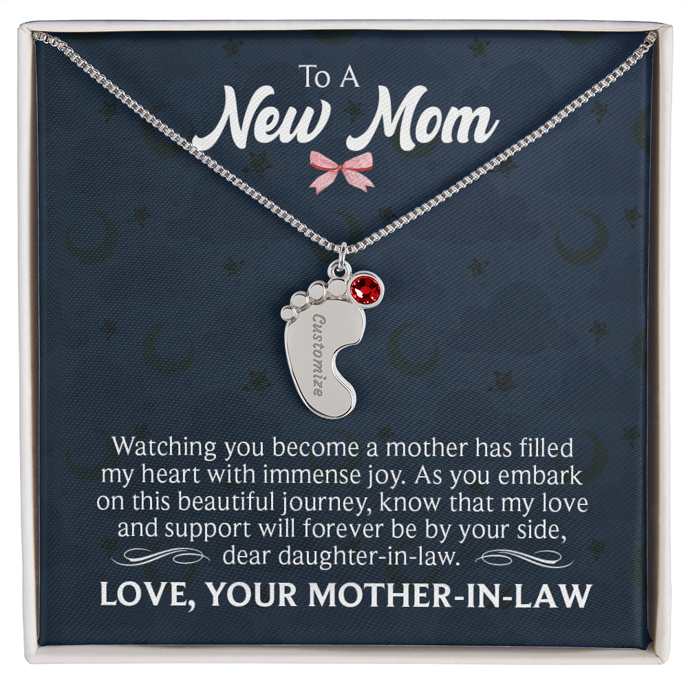 To a New Mom From Mother-In-Law - Baby Feet Necklace with Birthstone - Engraved