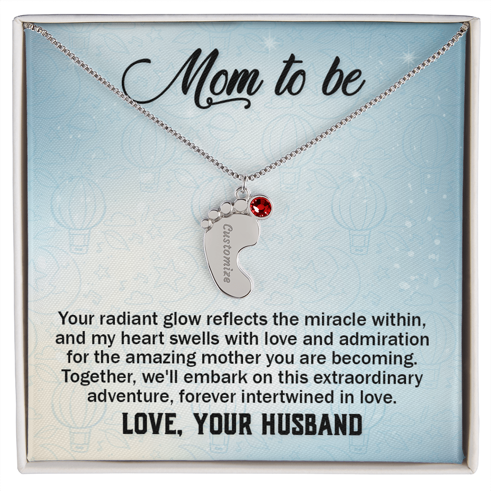 Mom To Be From Husband - Baby Feet Necklace with Birthstone - Engraved
