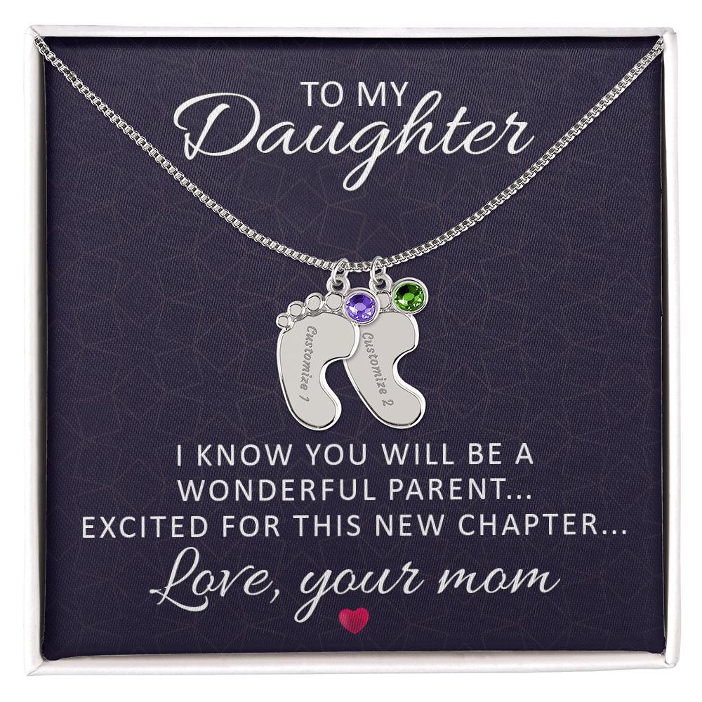 To My Daughter - Baby Feet Necklace with Birthstone - Engraved