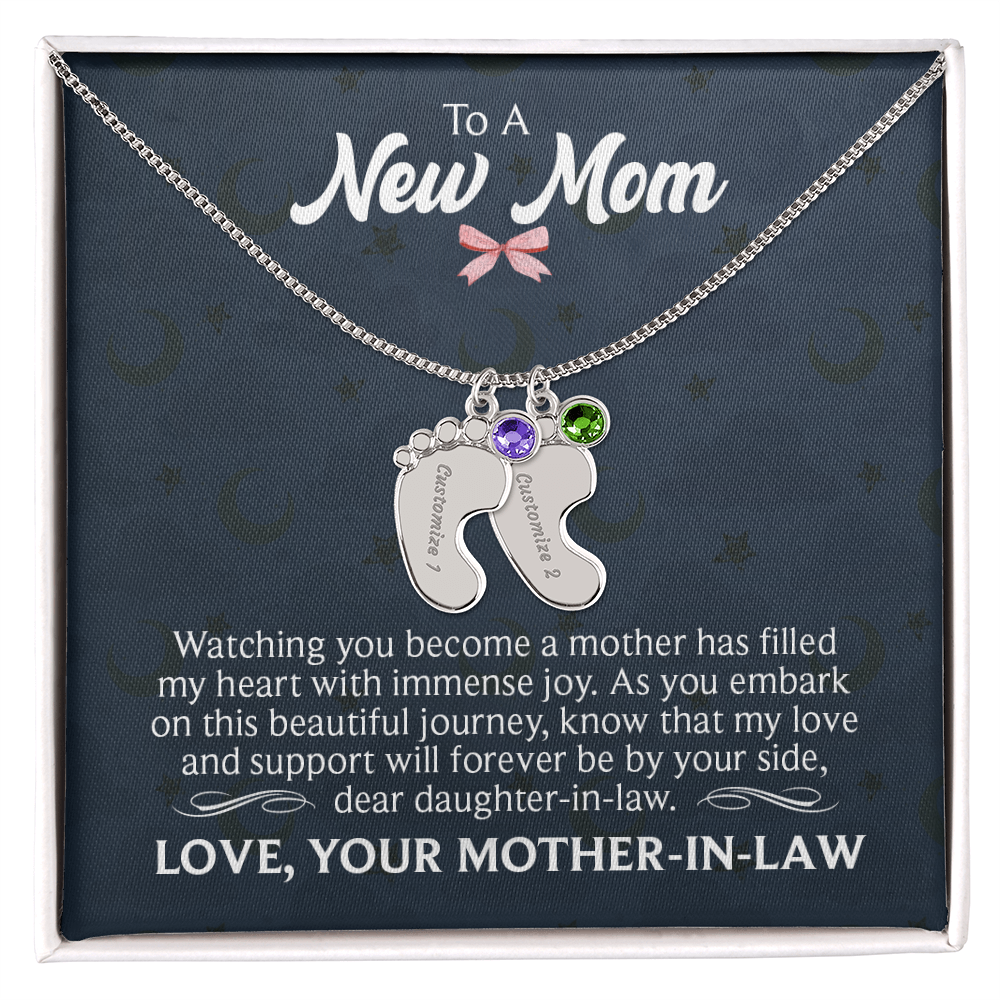 To a New Mom From Mother-In-Law - Baby Feet Necklace with Birthstone - Engraved