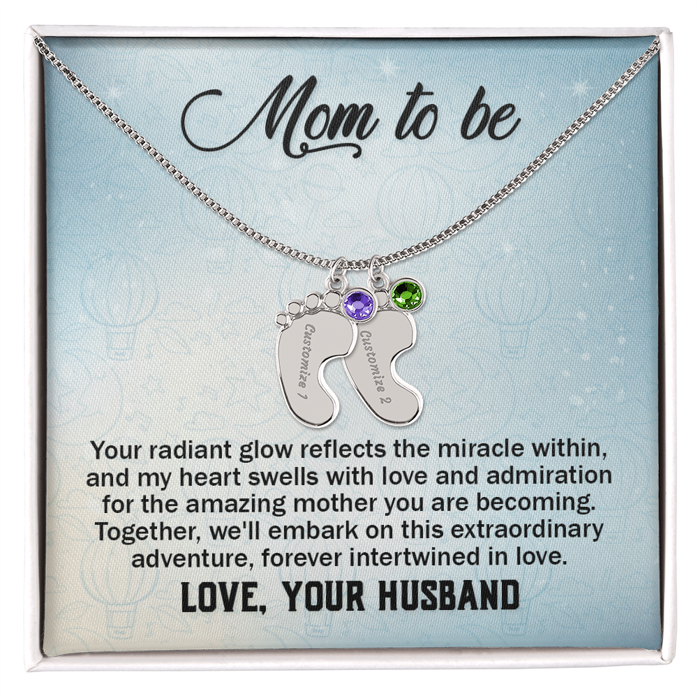 Mom To Be From Husband - Baby Feet Necklace with Birthstone - Engraved