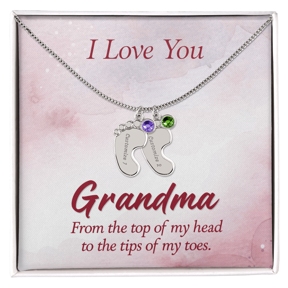 I Love you Grandma - Baby Feet Necklace with Birthstone - Engraved