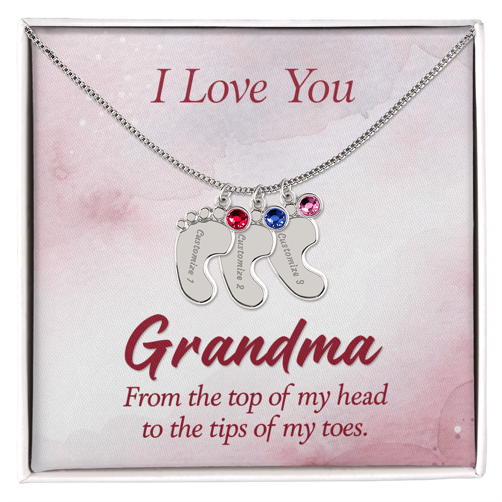 I Love you Grandma - Baby Feet Necklace with Birthstone - Engraved