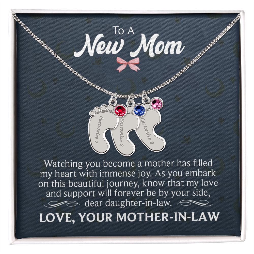 To a New Mom From Mother-In-Law - Baby Feet Necklace with Birthstone - Engraved