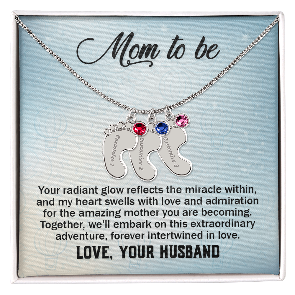 Mom To Be From Husband - Baby Feet Necklace with Birthstone - Engraved