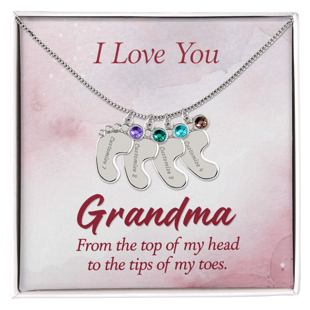 I Love you Grandma - Baby Feet Necklace with Birthstone - Engraved