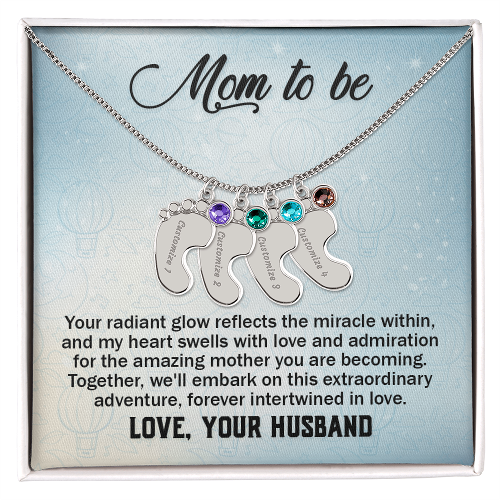 Mom To Be From Husband - Baby Feet Necklace with Birthstone - Engraved