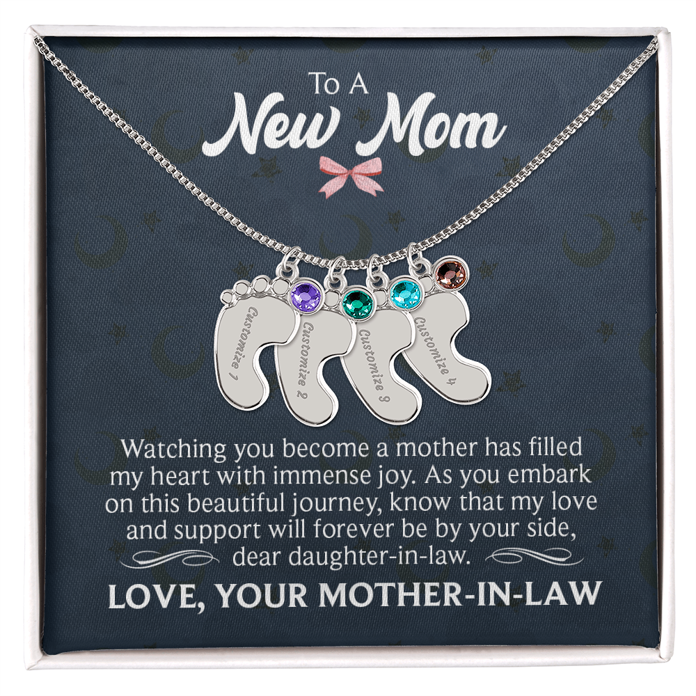 To a New Mom From Mother-In-Law - Baby Feet Necklace with Birthstone - Engraved