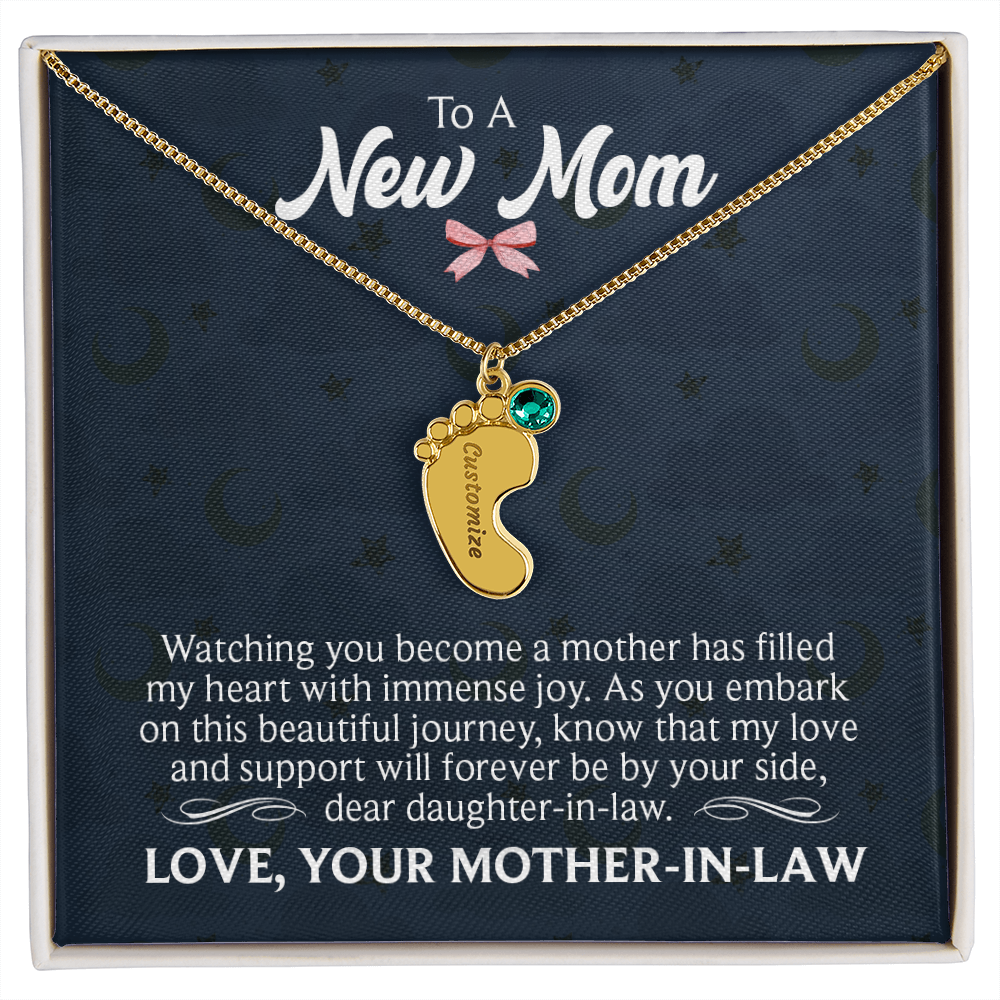To a New Mom From Mother-In-Law - Baby Feet Necklace with Birthstone - Engraved