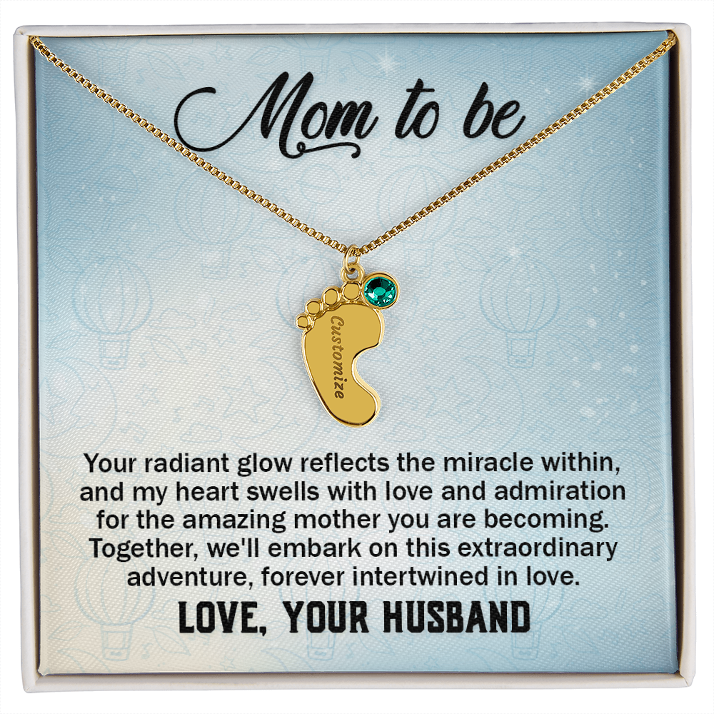 Mom To Be From Husband - Baby Feet Necklace with Birthstone - Engraved