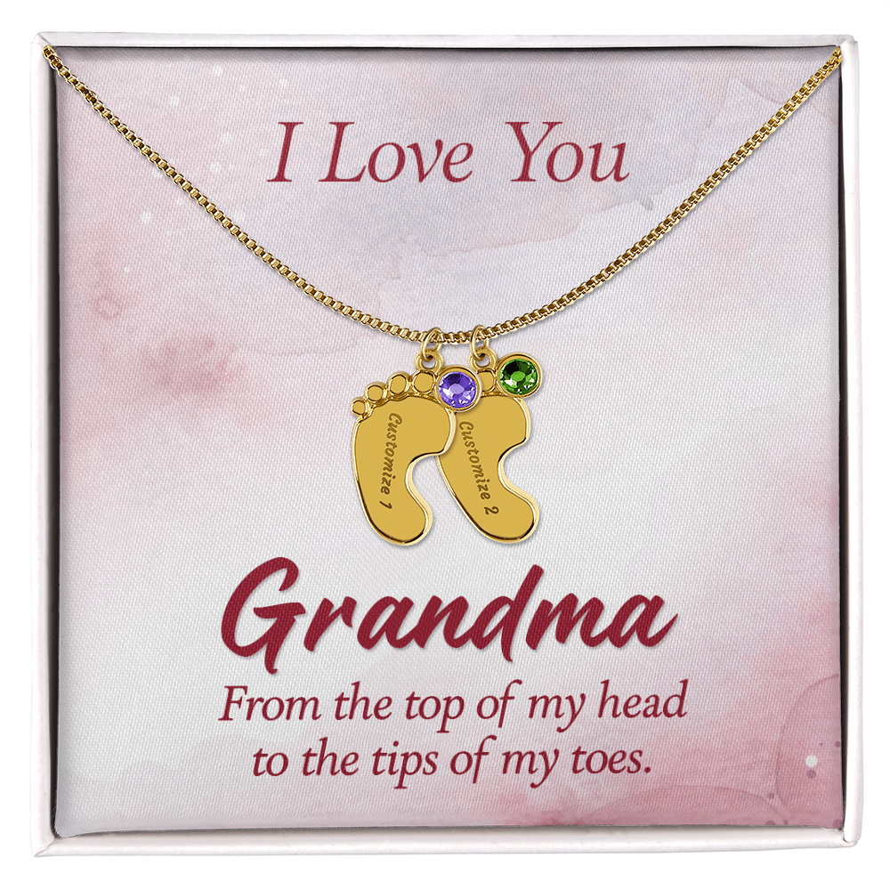 I Love you Grandma - Baby Feet Necklace with Birthstone - Engraved