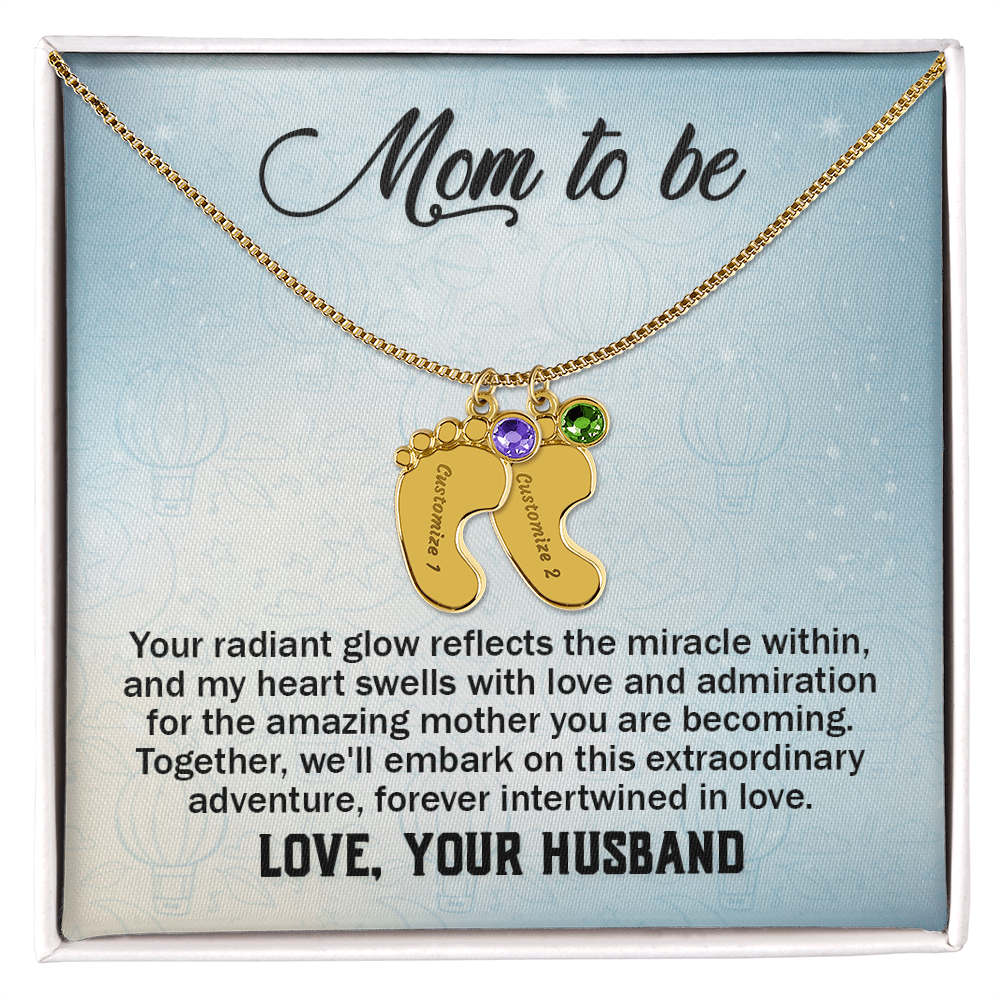 Mom To Be From Husband - Baby Feet Necklace with Birthstone - Engraved