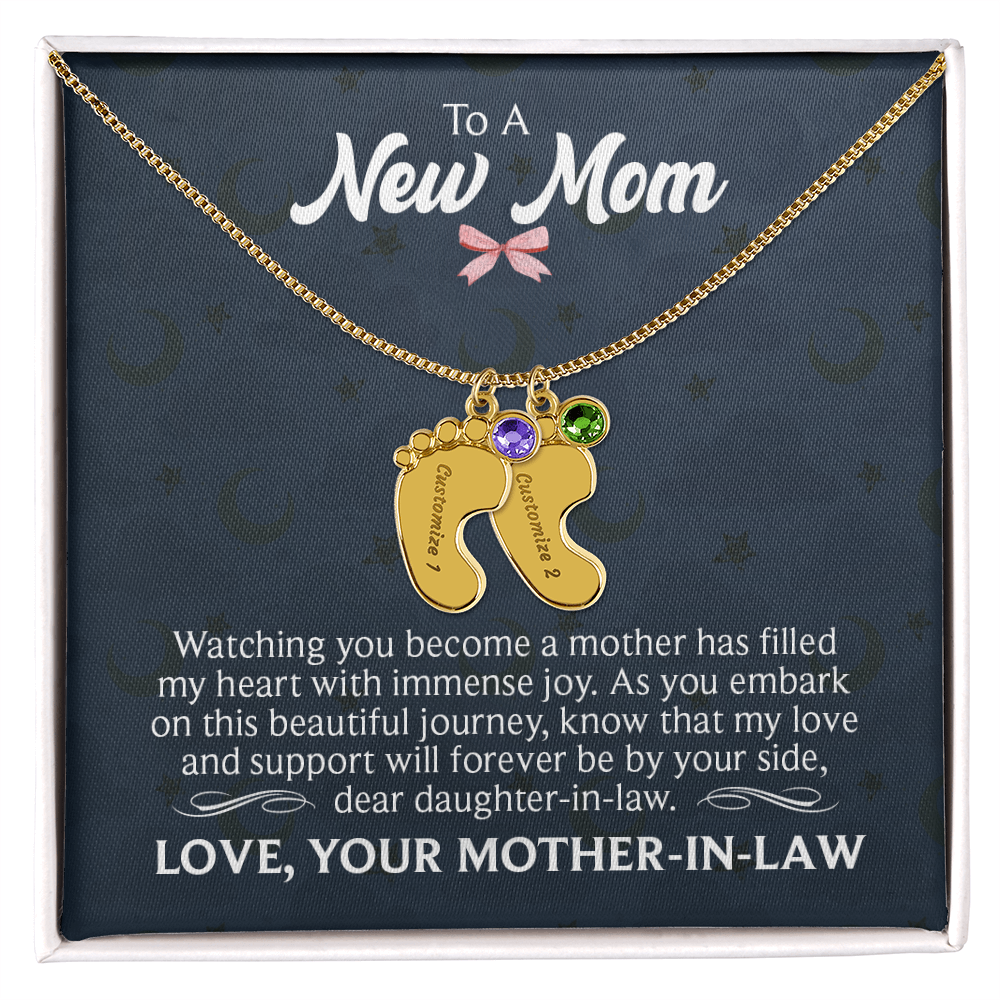 To a New Mom From Mother-In-Law - Baby Feet Necklace with Birthstone - Engraved