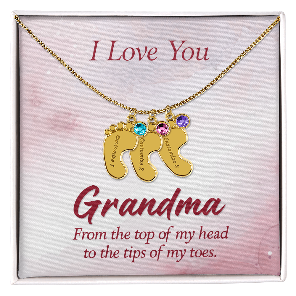 I Love you Grandma - Baby Feet Necklace with Birthstone - Engraved
