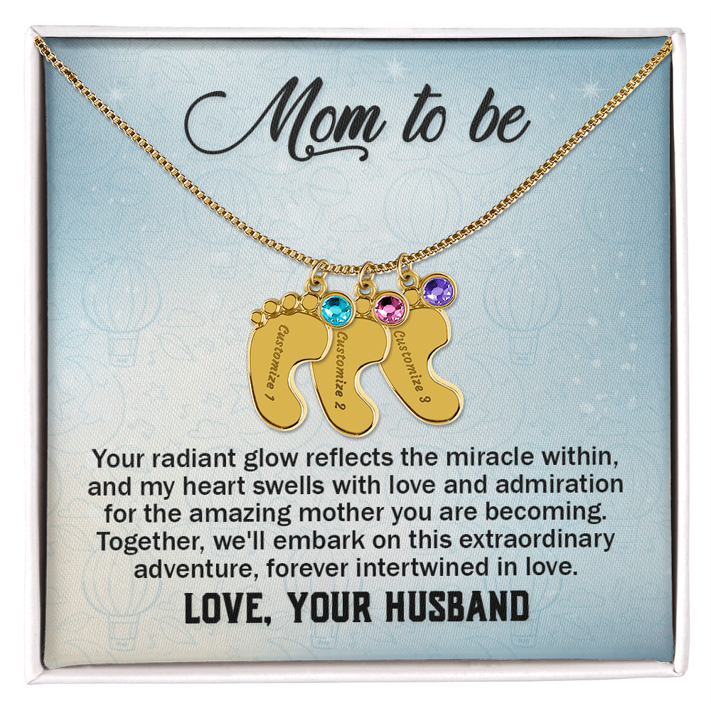 Mom To Be From Husband - Baby Feet Necklace with Birthstone - Engraved