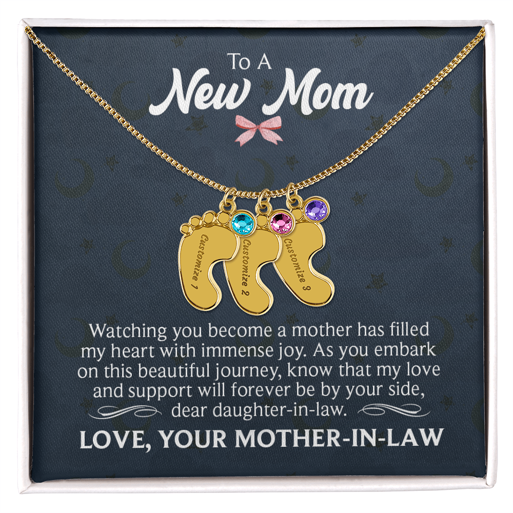 To a New Mom From Mother-In-Law - Baby Feet Necklace with Birthstone - Engraved