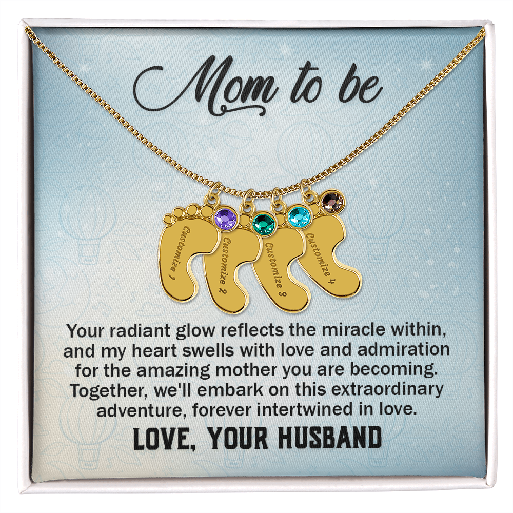 Mom To Be From Husband - Baby Feet Necklace with Birthstone - Engraved