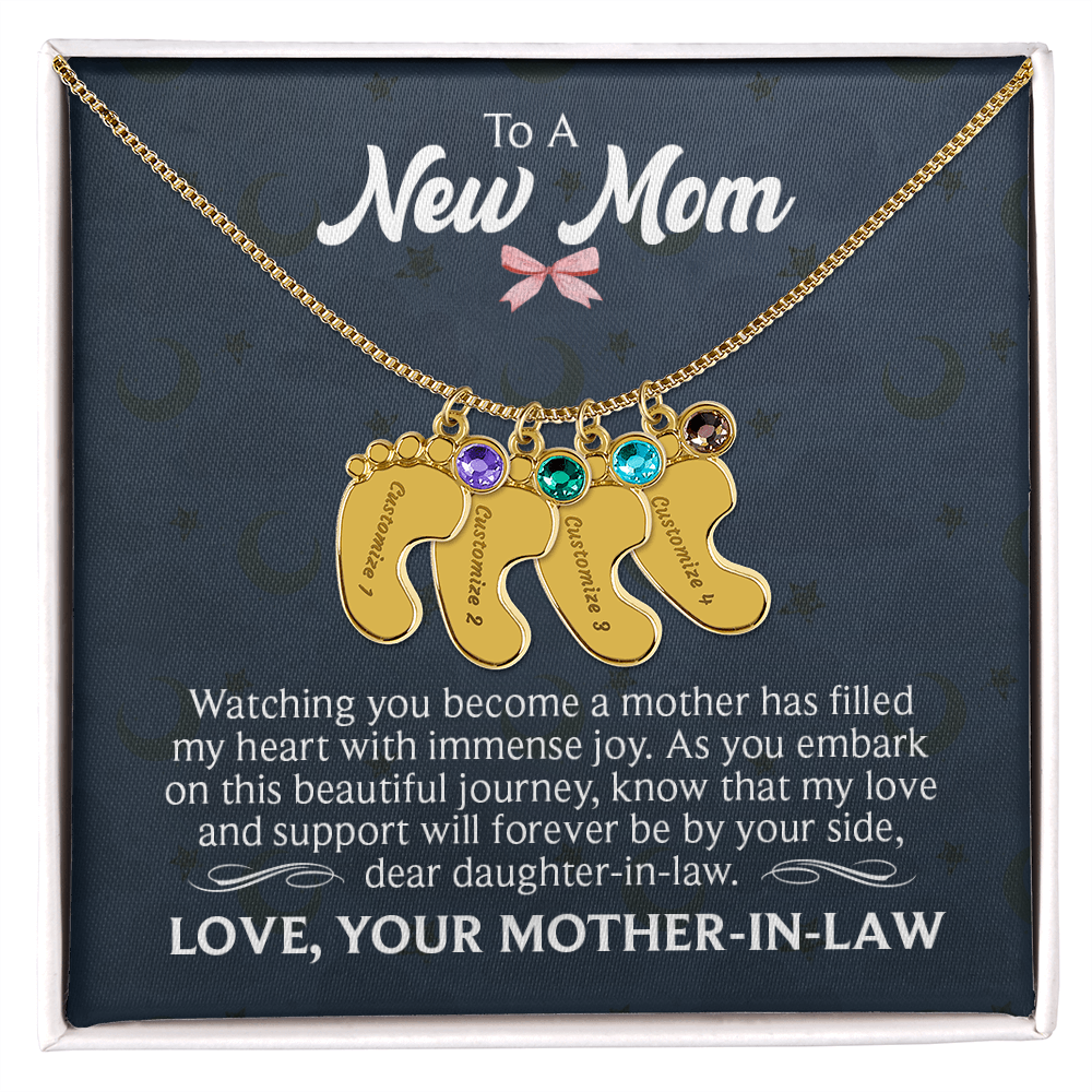 To a New Mom From Mother-In-Law - Baby Feet Necklace with Birthstone - Engraved