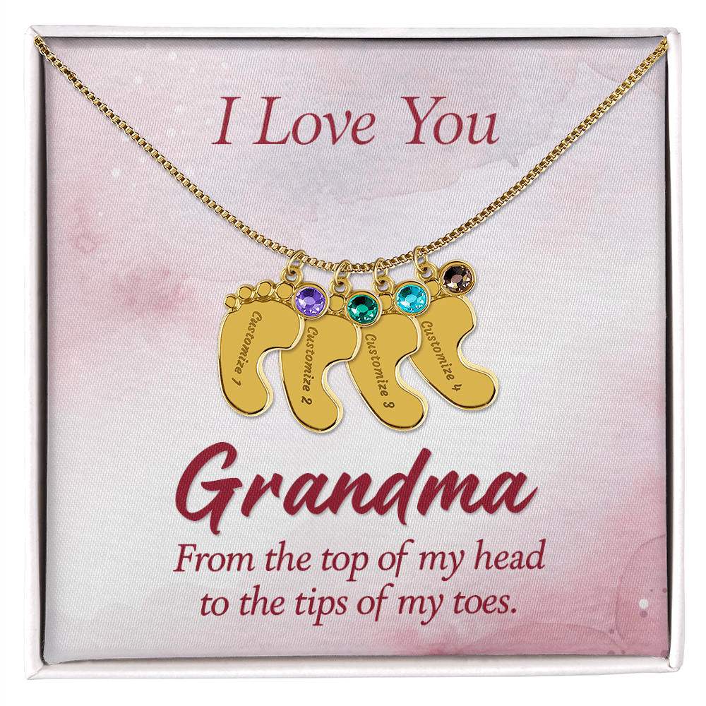 I Love you Grandma - Baby Feet Necklace with Birthstone - Engraved