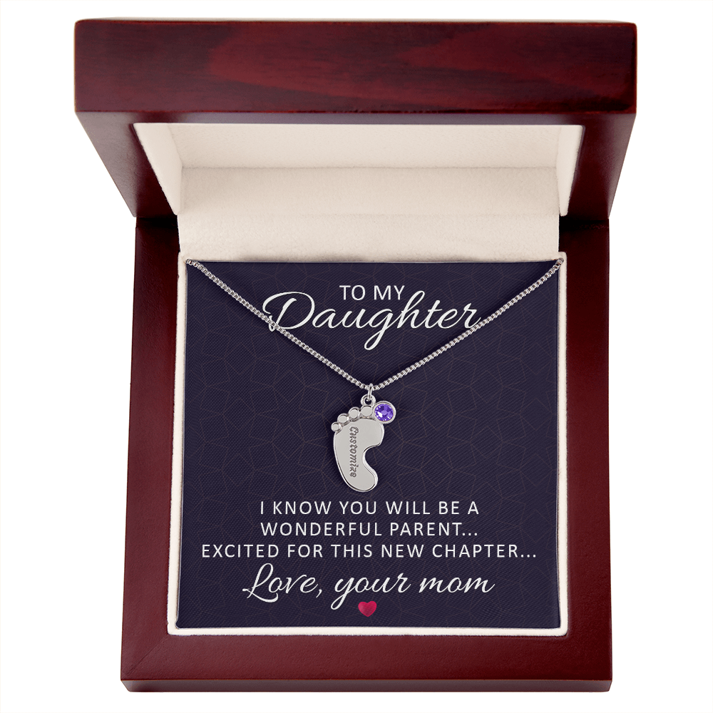 To My Daughter - Baby Feet Necklace with Birthstone - Engraved