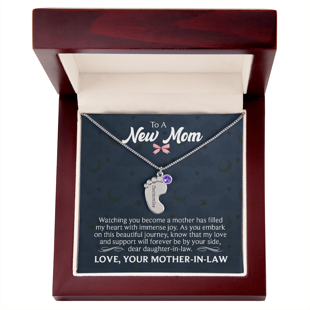 To a New Mom From Mother-In-Law - Baby Feet Necklace with Birthstone - Engraved